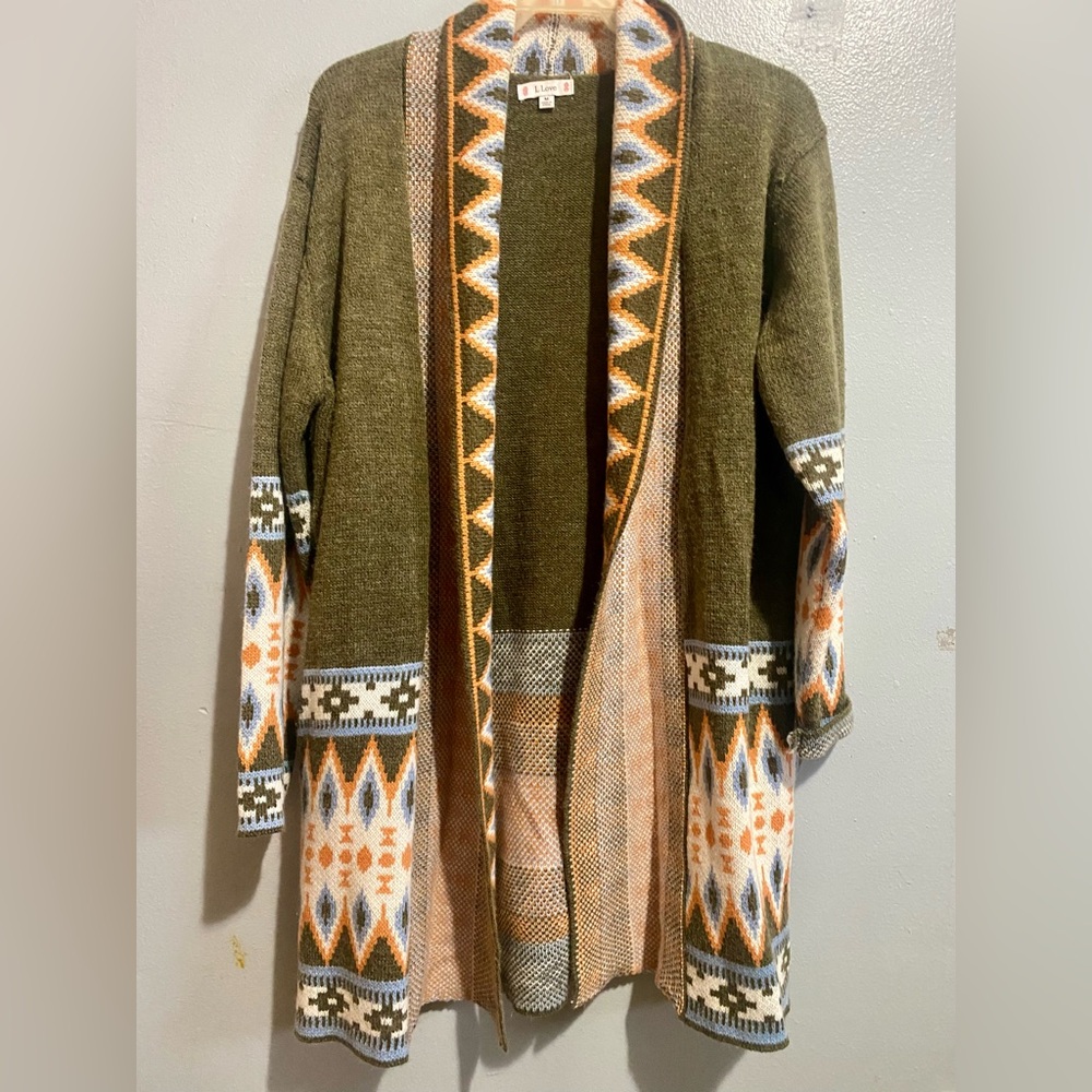 Olive Geometric Patterned Cardigan